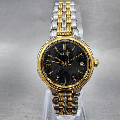 Seiko Watch Women 23mm Black Dial Two Tone Date Round 7N820228 New Battery ABC0