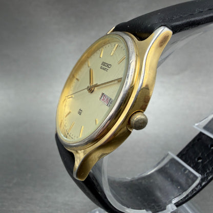Seiko SQ Watch Men 34mm Champagne Dial Gold Tone Daydate 5y23-7030 New Battery G2