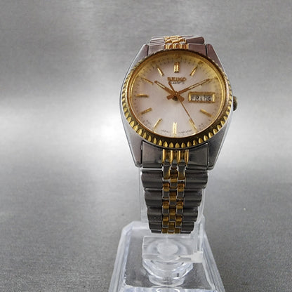 Seiko Watch Women 24mm White Dial Two Tone Daydate Round 7N830041 New Batt B1235