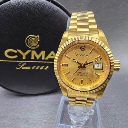 Cyma President Watch Women 26mm Gold Dial Gold Case Automatic Date Round WBox0