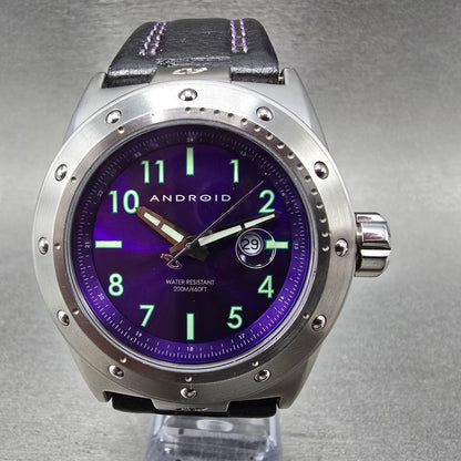 Android Dive Watch Men 48mm Purple Dial Steel Date Round New Battery AD6410