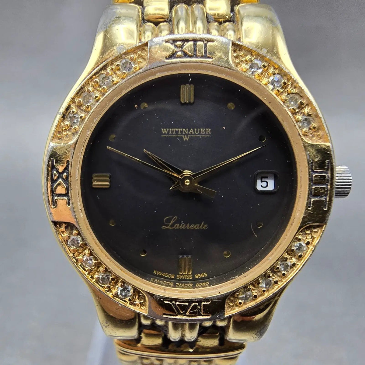 Wittnauer Laureate Watch Women 25mm Black Dial Gold Tone Date Round New Battery1