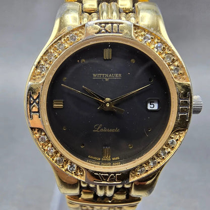 Wittnauer Laureate Watch Women 25mm Black Dial Gold Tone Date Round New Battery1