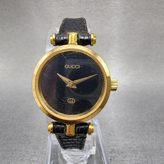 Gucci 2000L Watch Women 22mm Black Dial Gold Plated Round New Battery VTG0
