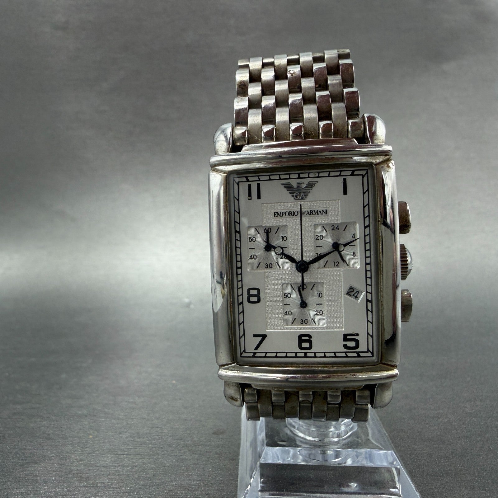 Emporio Armani Chronograph Watch Men 30mm Silver Dial Steel Date AR-0294 NewBatt5