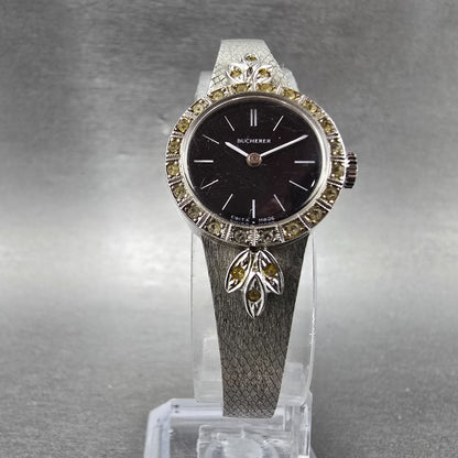 Bucherer Watch Women 20mm Black Dial Silver Tone Manual Wind Runs Gem Set Bezel5