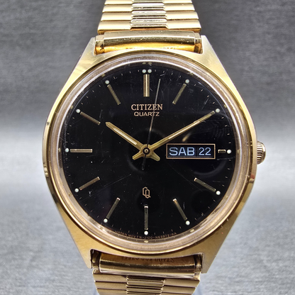 Citizen CQ Watch Men 35mm Black Dial Gold Tone Daydate 1100-S63812 New Battery K0
