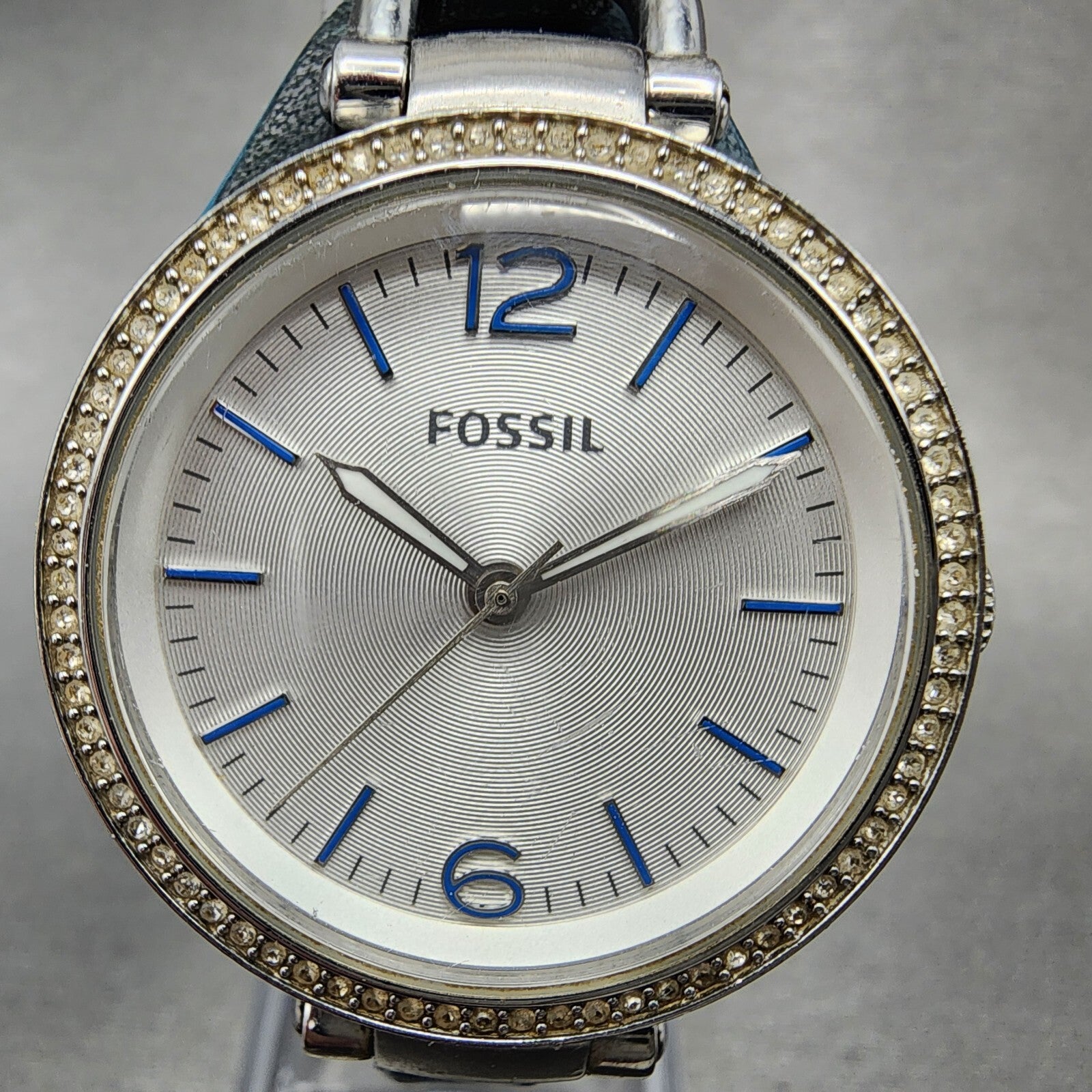 Fossil Georgia Watch Women 32mm Silver Dial Silver Tone Crystal Bezel New Batt1