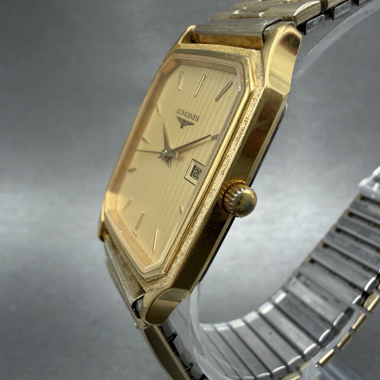 Longines Tank Watch Men 28mm Gold Dial Gold Tone Octagon Date L.7.985.2 PARTS3