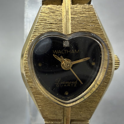 Waltham Heart Watch Women 16mm Black Dial Gold Tone Round New Battery VTG1