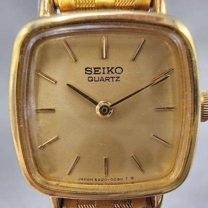 Seiko Watch Women 19mm Champagne Dial Gold Tone Square 54205020 New Battery1