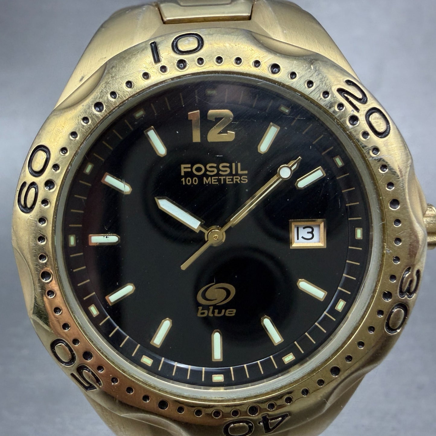 Fossil Dive Watch Men 40mm Black Dial Gold Tone Date Round AM-3542 New Battery1