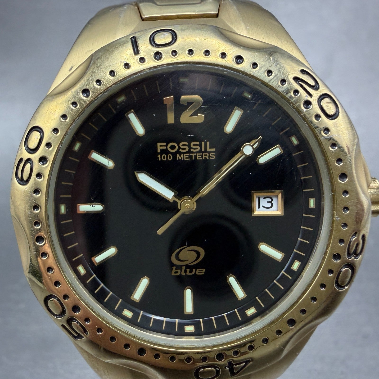 Fossil Dive Watch Men 40mm Black Dial Gold Tone Date Round AM-3542 New Battery1