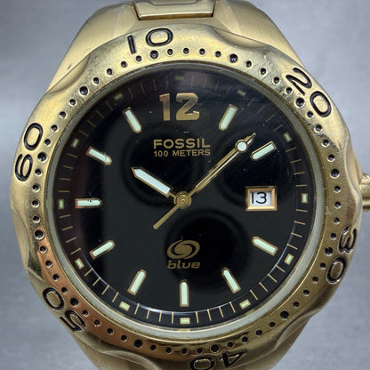 Fossil Dive Watch Men 40mm Black Dial Gold Tone Date Round AM-3542 New Battery1