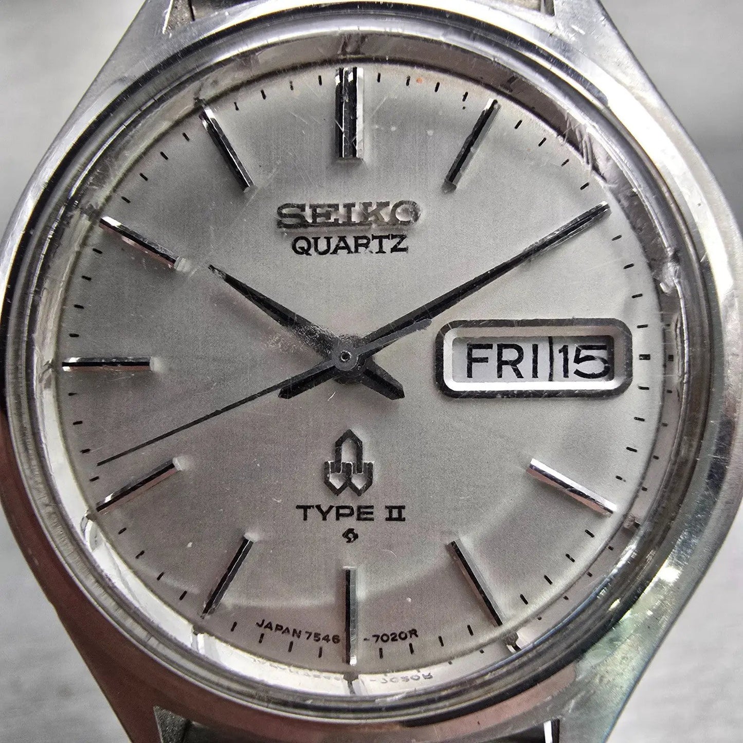 Seiko Type II Watch Men 36mm Silver Dial Silver Tone Daydate 7546-7010 New Batt1
