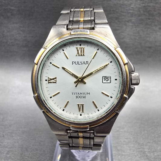 Pulsar Watch Men 35mm White Dial Titanium Date Round VX32-X253 New Battery JP0