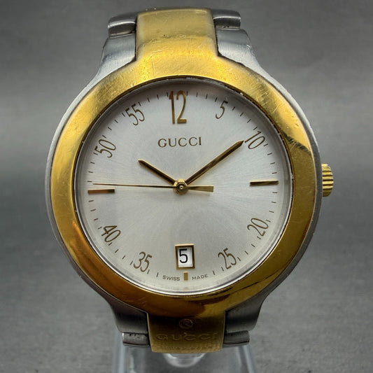 Gucci 8900M Watch Men 35mm Silver Dial Two Tone Date Round New Battery Vintage0