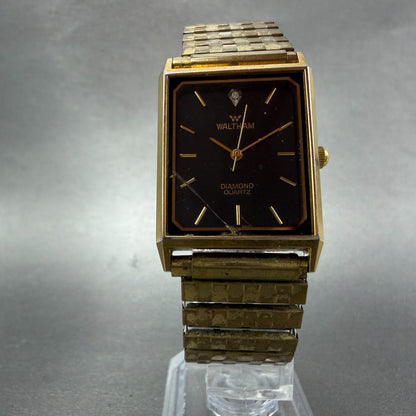Waltham Tank Watch Men 25mm Black Dial Gold Tone Rectangle New Battery5