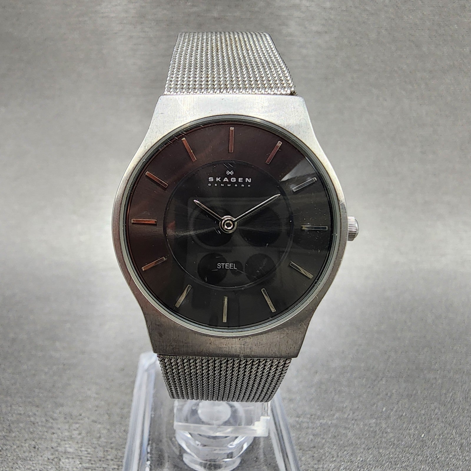 Skagen Watch Women 28mm Black Dial Stainless Steel Round Mesh Band New Battery0