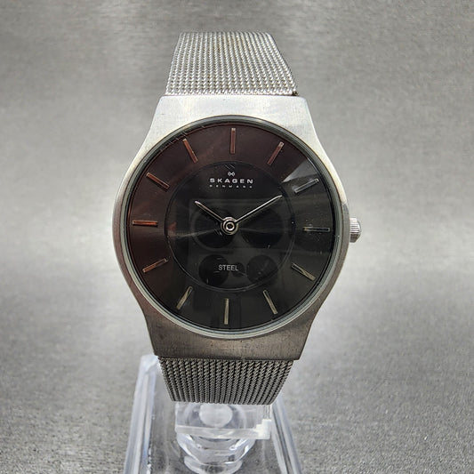 Skagen Watch Women 28mm Black Dial Stainless Steel Round Mesh Band New Battery0