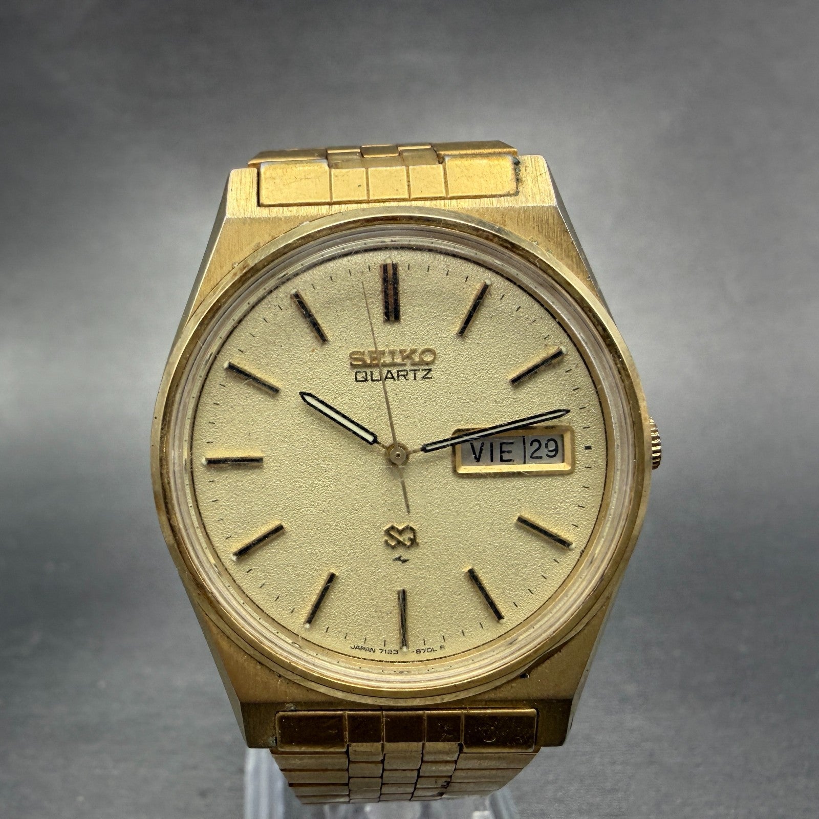 Seiko SQ Watch Men 34mm Champagne Dial Gold Tone Daydate 7123-8439 PARTS VIntage0