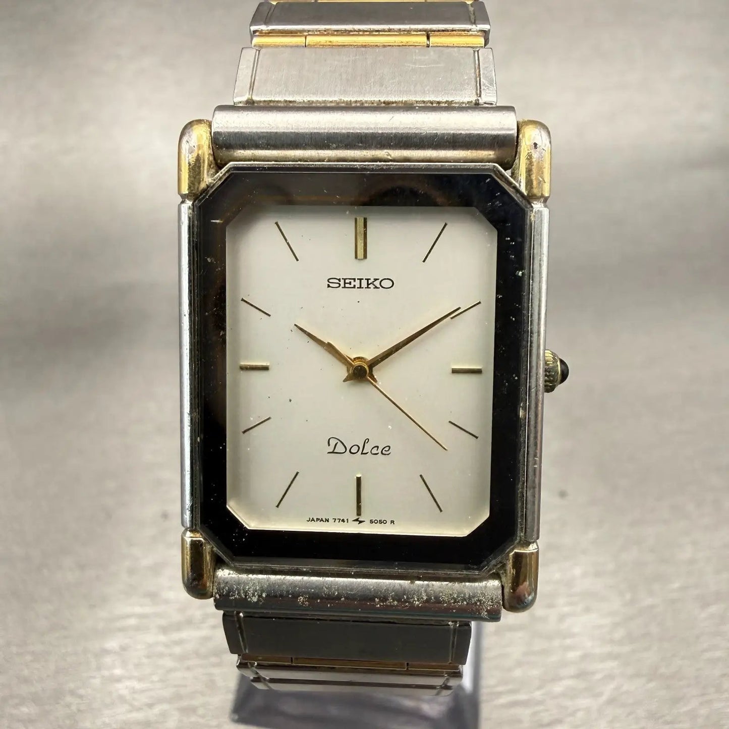 Seiko Dolce Watch Men 25mm Silver Dial Two Tone Rectangle 7741-5050 New Battery0