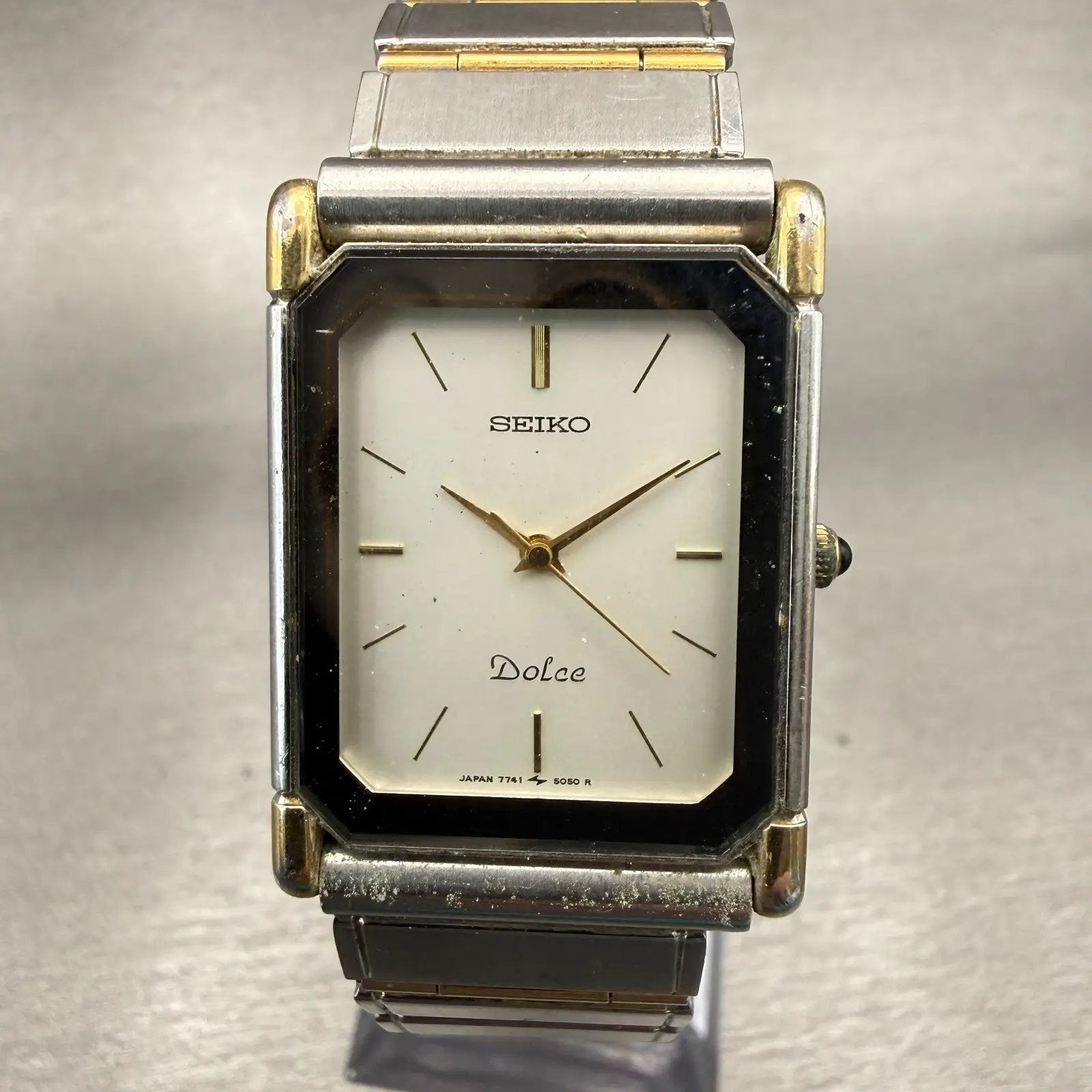 Seiko Dolce Watch Men 25mm Silver Dial Two Tone Rectangle 7741-5050 New Battery0
