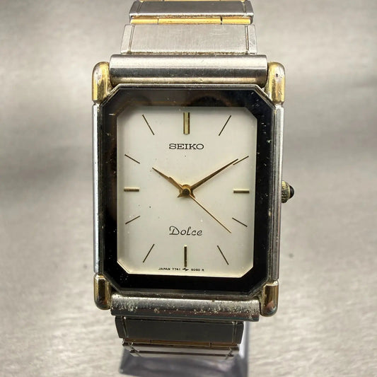 Seiko Dolce Watch Men 25mm Silver Dial Two Tone Rectangle 7741-5050 New Battery0