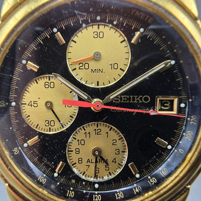 Seiko Chronograph Watch Men 38mm Black Dial Gold Tone Date 7T32-6G43 PARTS VTG2
