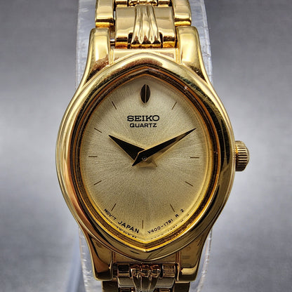 Seiko Watch Women 17mm Gold Dial Gold Tone Oval V4005581 New Battery VTG1
