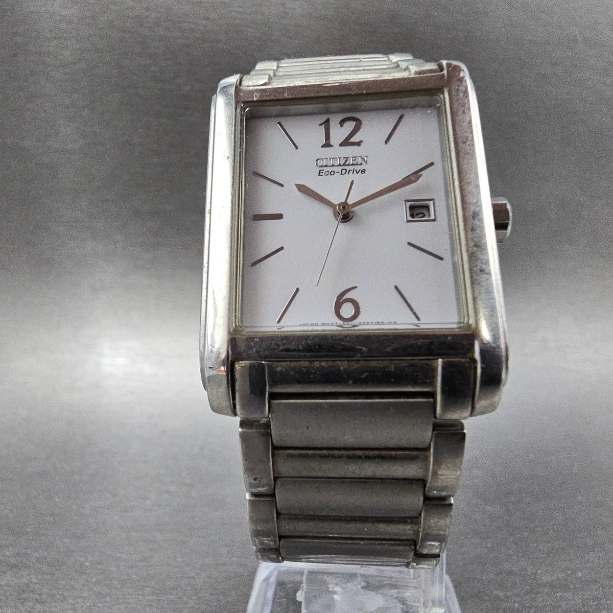 Citizen Eco-Drive Tank Watch Men 26mm White Dial Silver Date Rectangle Runs5