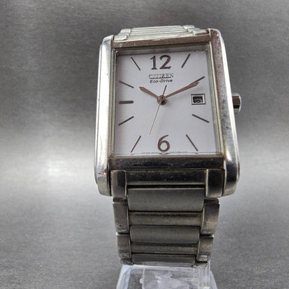Citizen Eco-Drive Tank Watch Men 26mm White Dial Silver Date Rectangle Runs5