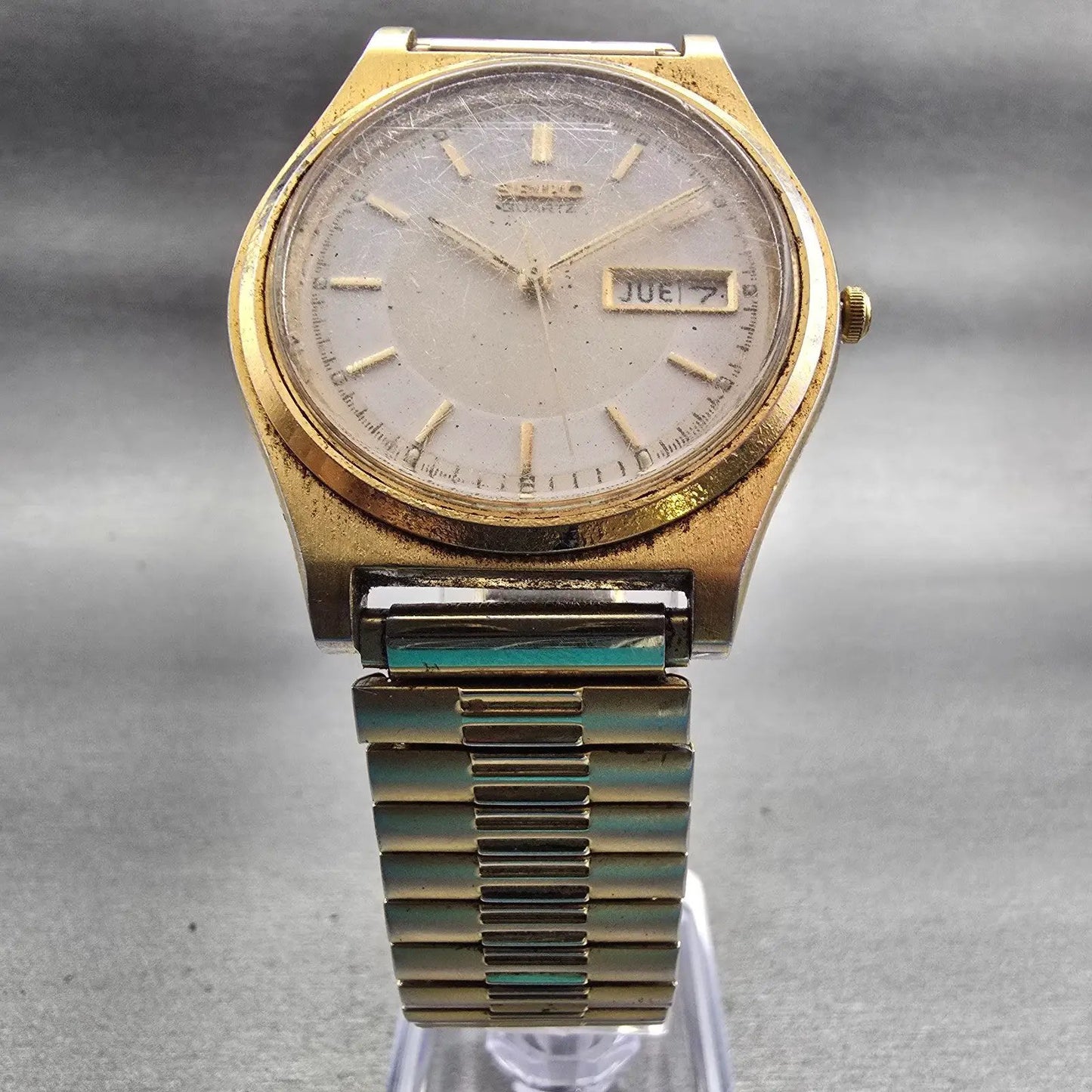 Seiko Watch Men 37mm Ivory Dial Gold Tone Daydate Round 7N43-8A20 New Battery5