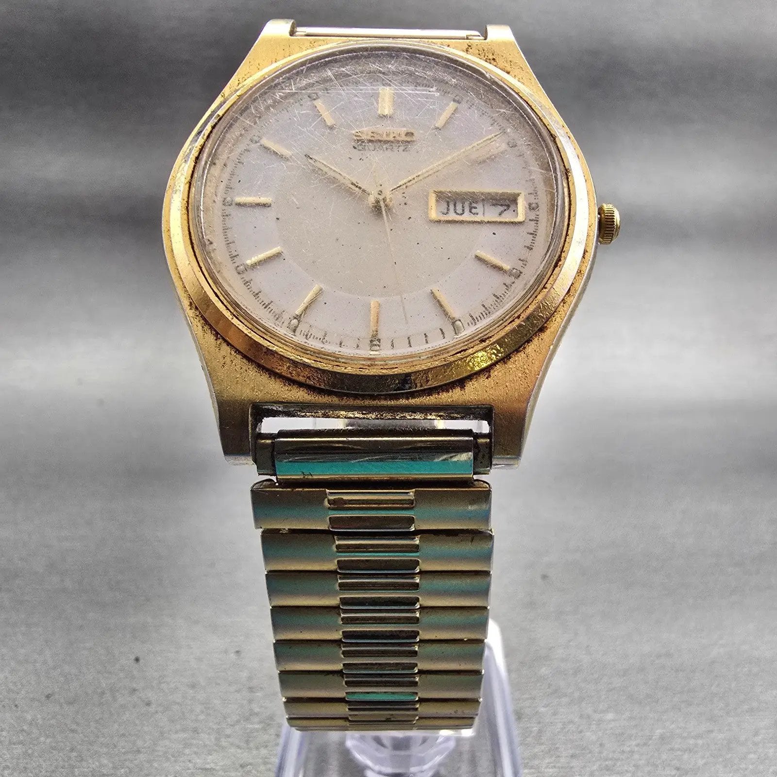 Seiko Watch Men 37mm Ivory Dial Gold Tone Daydate Round 7N43-8A20 New Battery5
