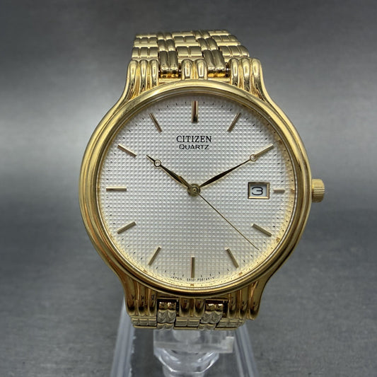 Citizen Watch Men 34mm White Dial Gold Tone Date Round 5510-F52584 New Battery0