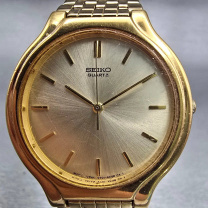 Seiko Watch Men 34mm Champagne Dial Gold Tone Round V701-6K69 New Battery VTG1