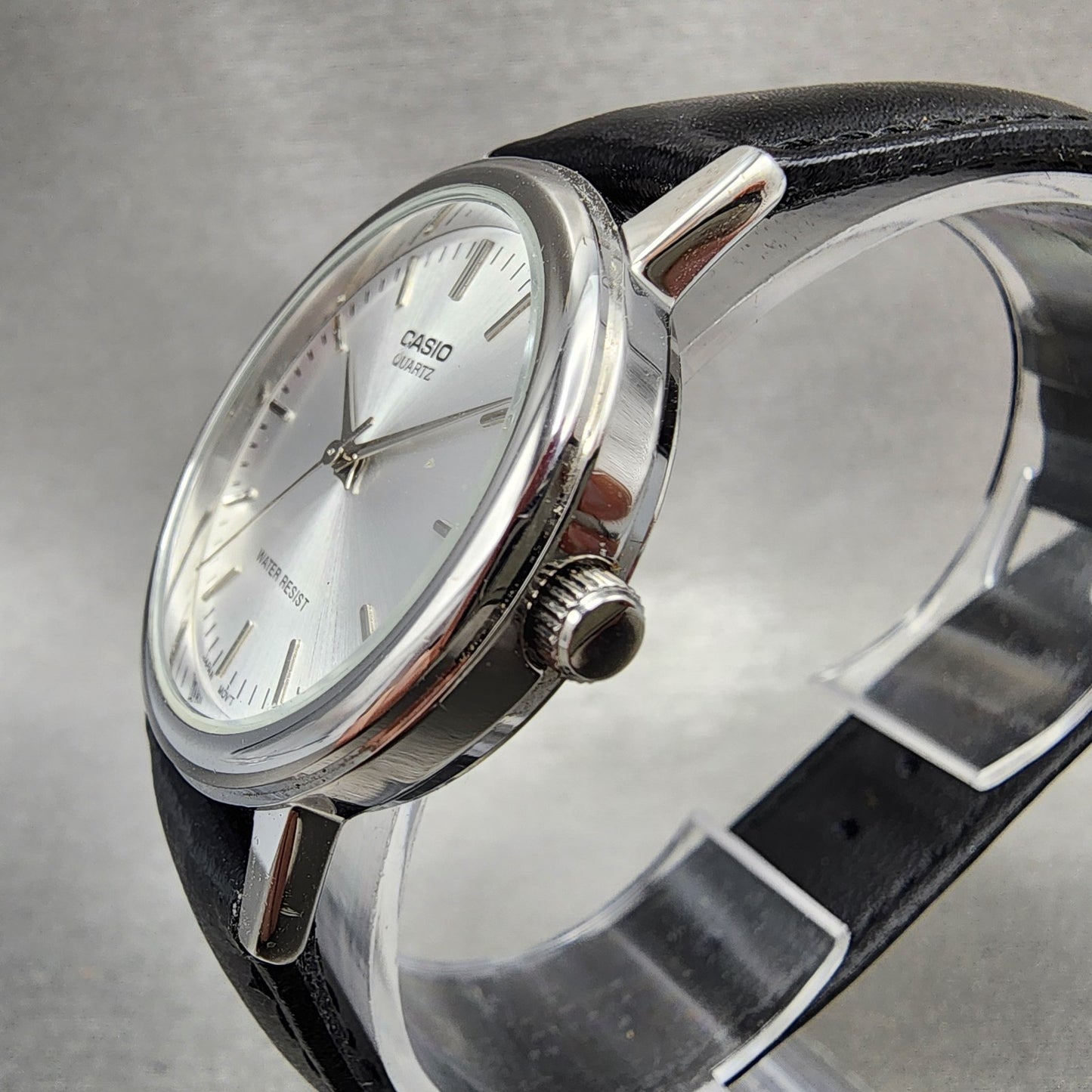 Casio Watch Men 33mm Silver Dial Silver Tone Round Leather MTP1403 New Battery2