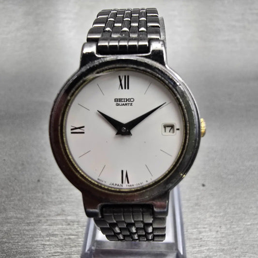 Seiko Watch Women 23mm White Dial Gray Tone Date Round 7N89-0281 New Battery0