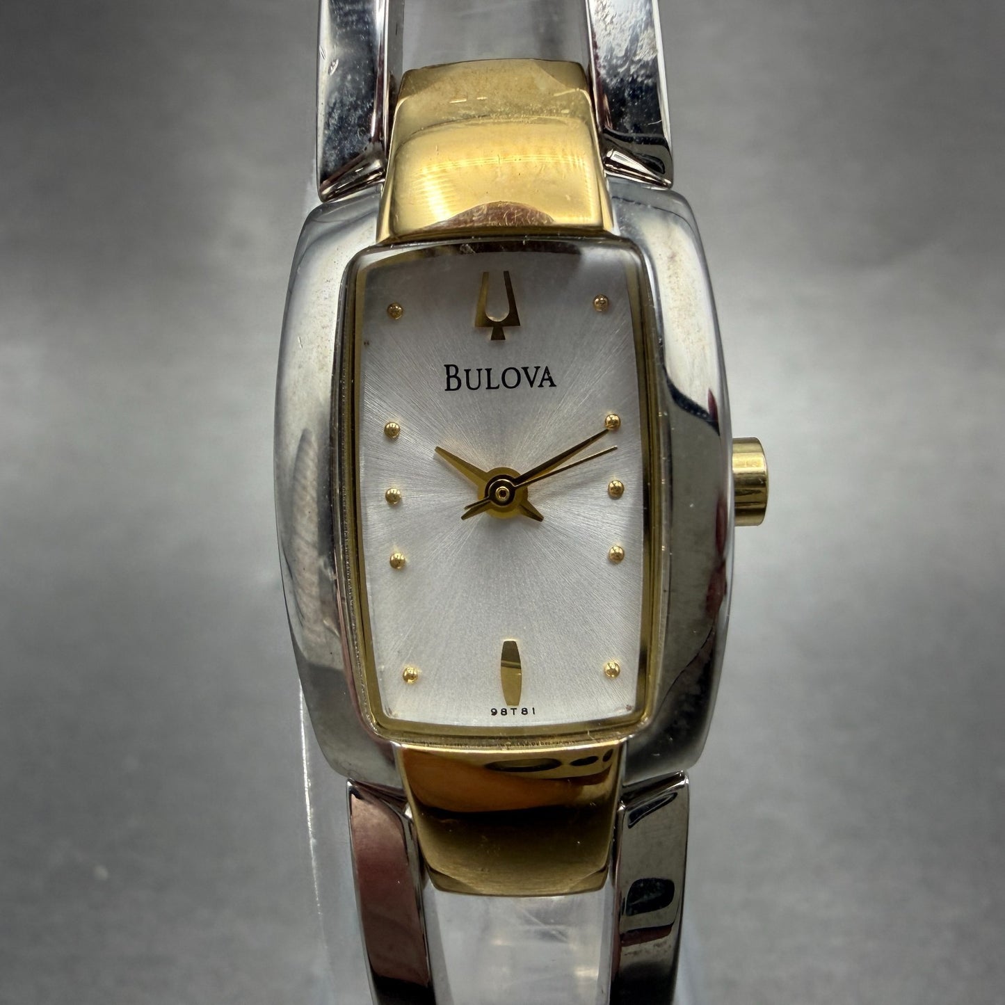 Bulova Tank Watch Women 17mm Silver Dial Two Tone Rectangle 98T81 New Battery0