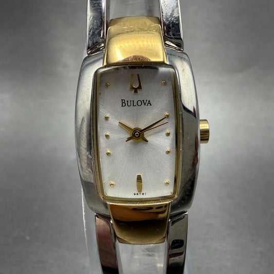 Bulova Tank Watch Women 17mm Silver Dial Two Tone Rectangle 98T81 New Battery0