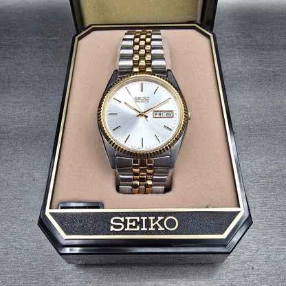 Seiko President Watch Men 35mm Silver Dial Two Tone Daydate 7N43-8111 New Batt1