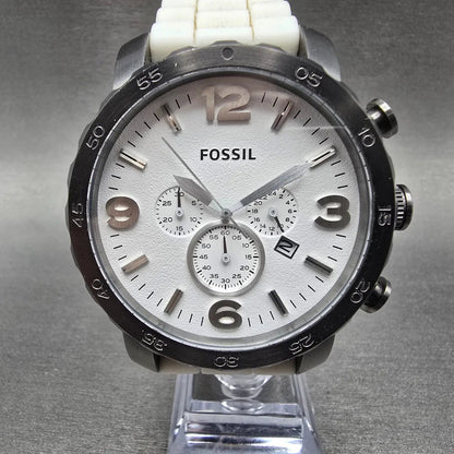 Fossil Chronograph Watch Men 50mm White Dial Black Tone Date JR-1427 New Battery0