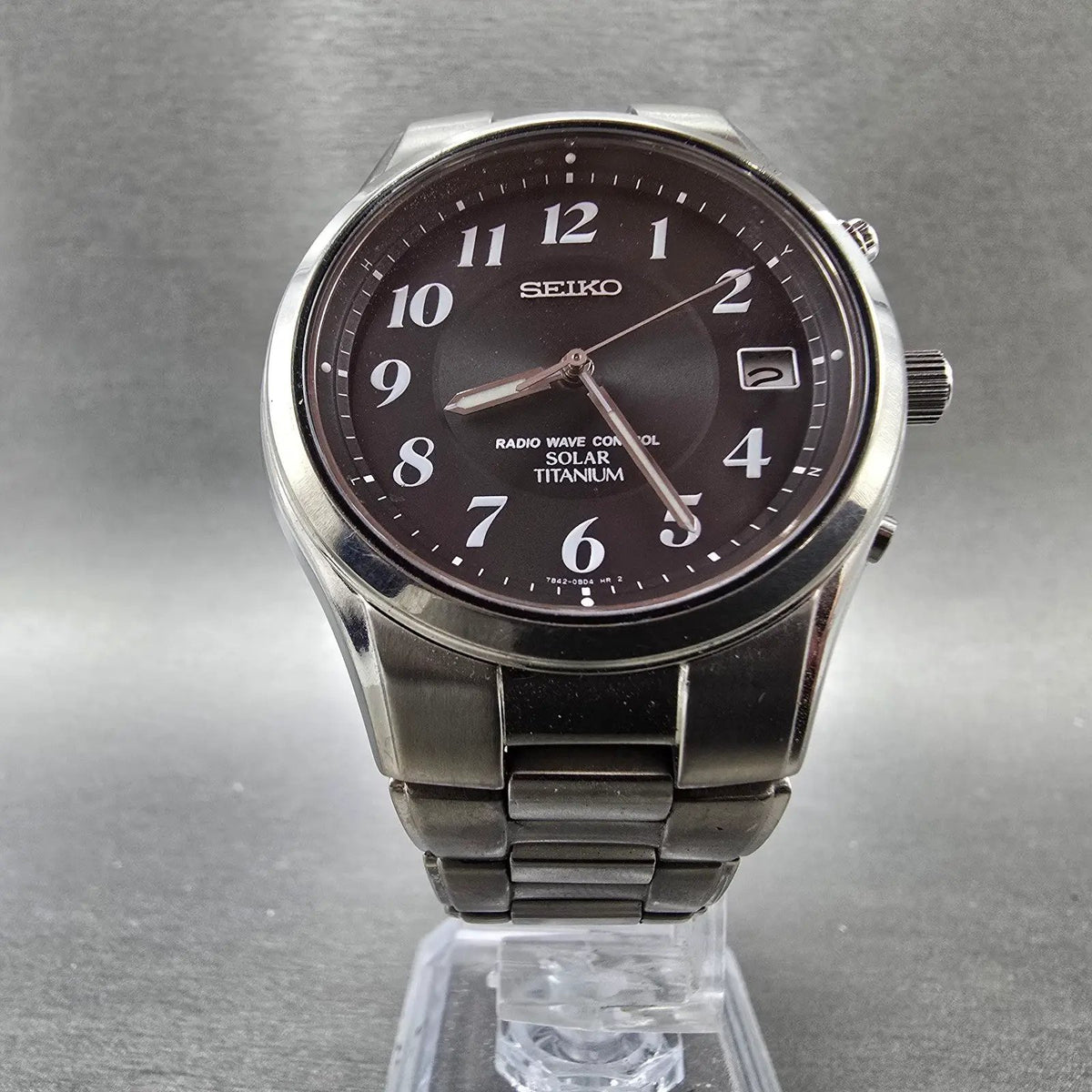 Seiko Atomic Solar Watch Men 39mm Black Dial Titanium Date 7B42-0AN0 Runs JDM5