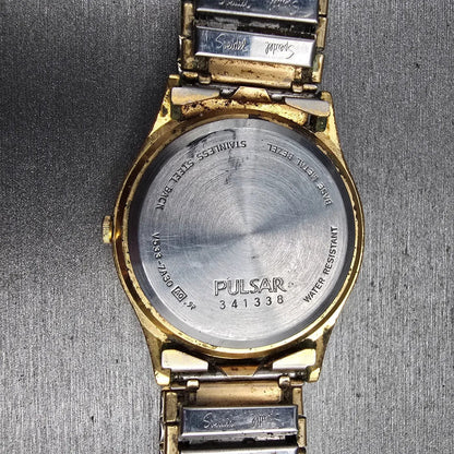 Seiko Pulsar Watch Men 34mm Champagne Dial Gold Tone Daydate V533-7A30 New BattC10