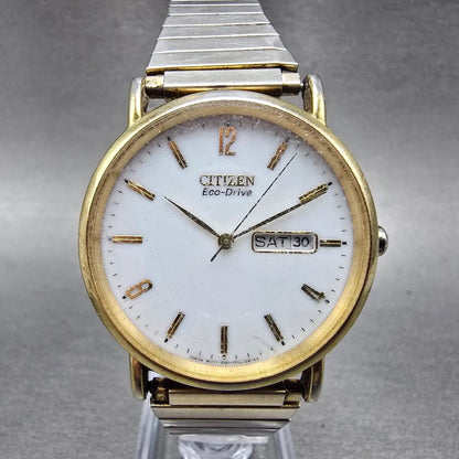 Citizen Eco-Drive Watch Men 36mm White Dial Gold Tone Daydate E101-S015588 Runs0