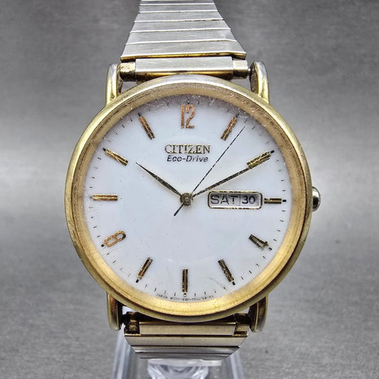 Citizen Eco-Drive Watch Men 36mm White Dial Gold Tone Daydate E101-S015588 Runs0