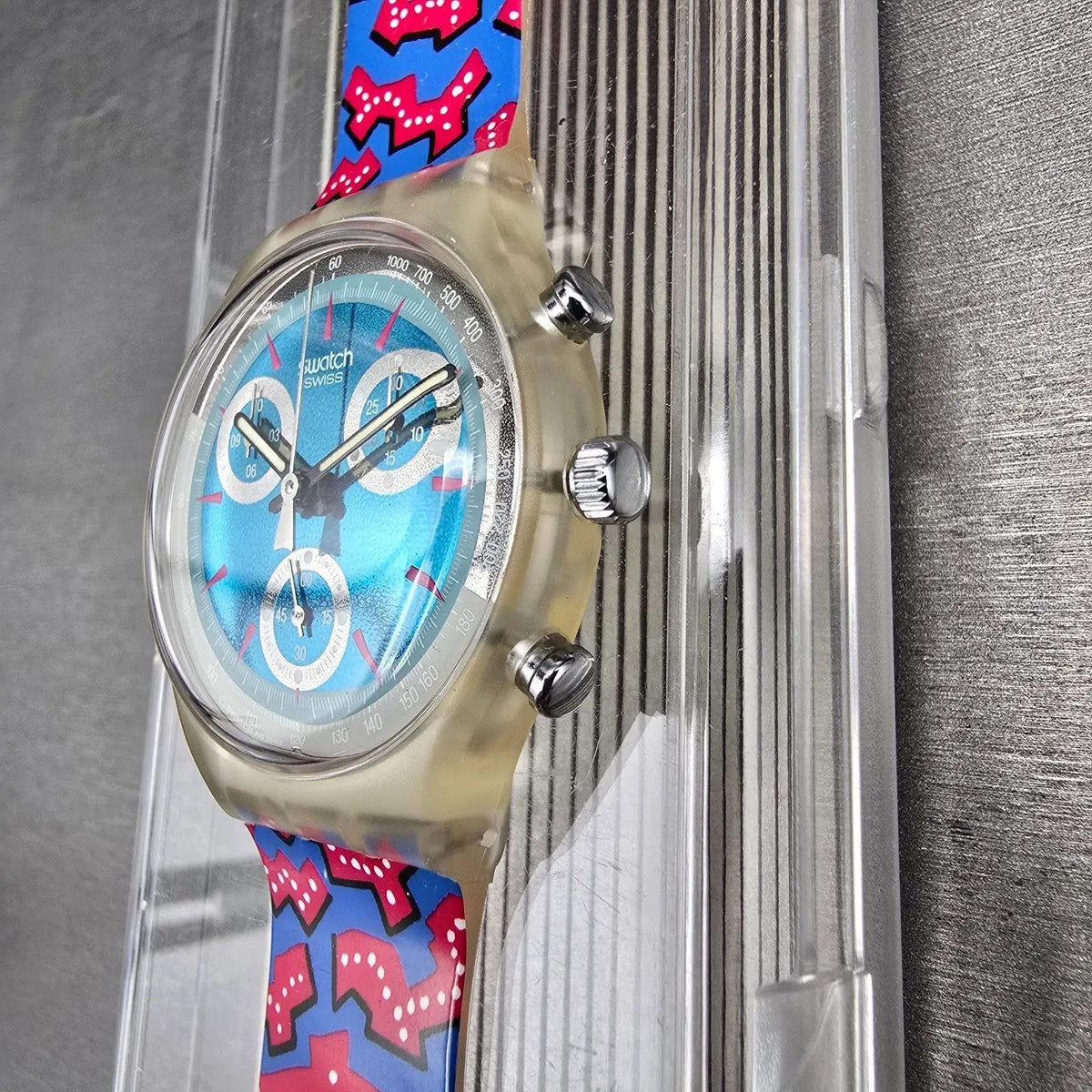 Swatch Chrono Wild Card Watch Men 37mm Blue Dial Clear Case SCK100 New Batt NOS4