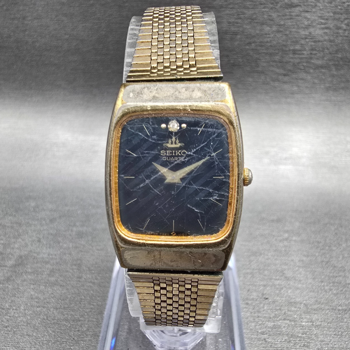 Seiko Watch Women 19mm Black Dial Gold Tone Rectangle 7320-6120 New Battery JP340
