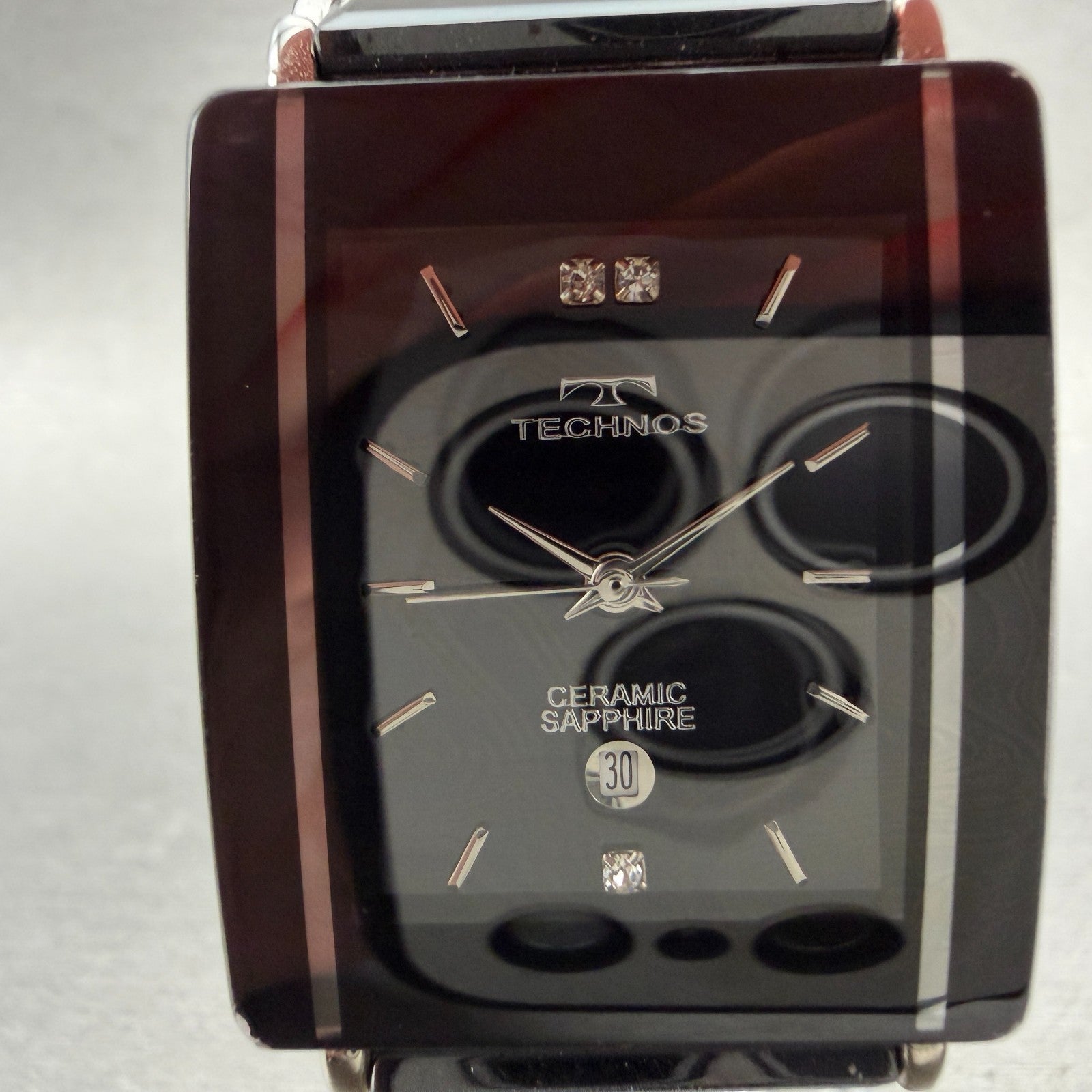 Technos Tank Watch Men 28mm Black Dial Ceramic Steel Date Rectangle New BatteryA1