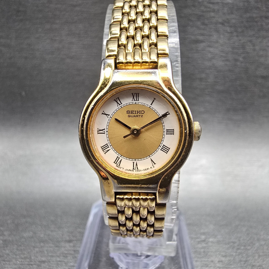 Seiko Watch Women 19mm Gold Dial Gold Tone Round V401-0289 New Battery Vintage D0